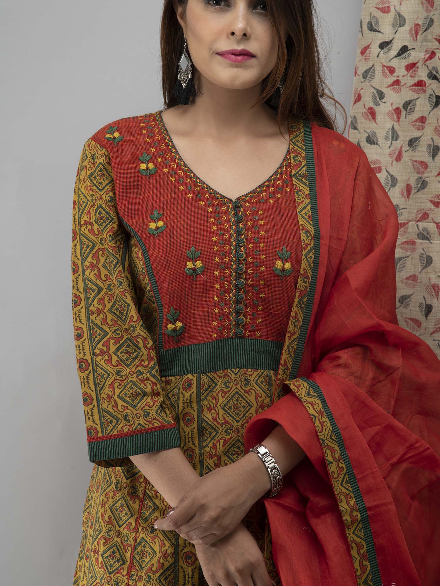 Hand Embroidered Mustard Ajrakh Kurta With Pants And Dupatta