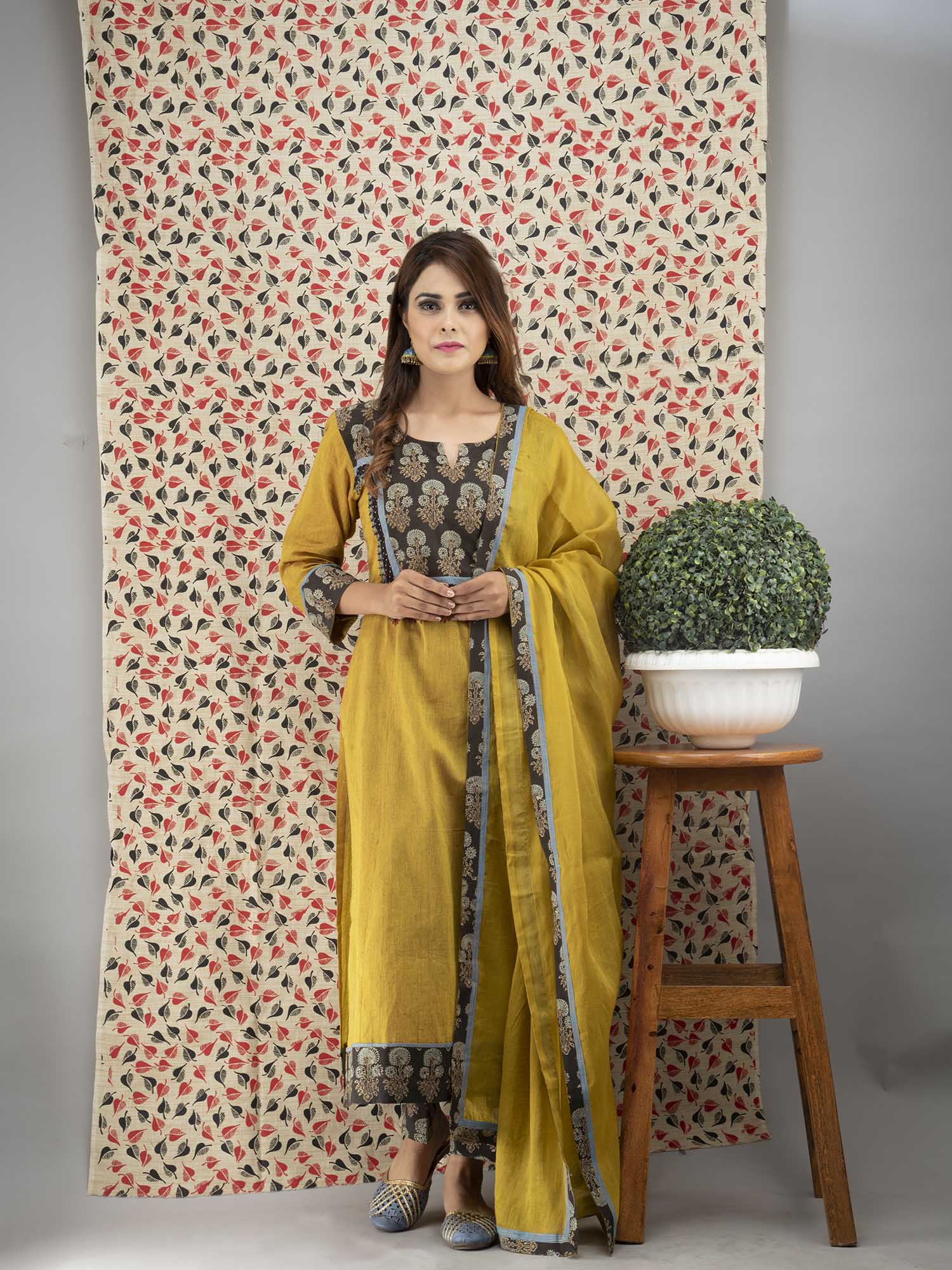 Hand Embroidered Corn Yellow <BR> Kurta with Ajrakh Pants and <BR> Cotton Dupatta