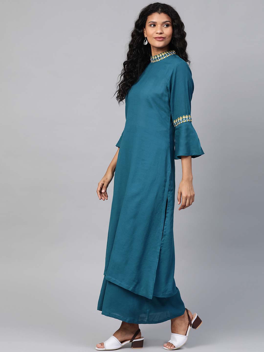 Teal Blue Embroidered  A-Line Kurta and palazzo - Set of 2