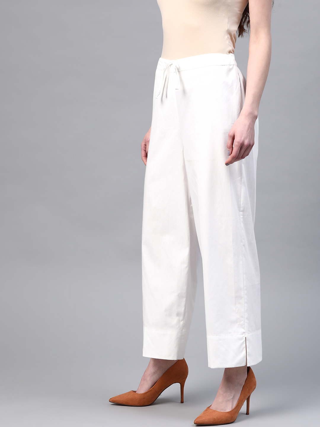 White Solid Cotton Sustainable  Handloom Wide Leg Palazzos