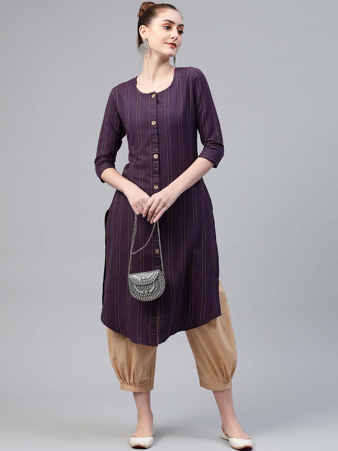 Women Purple & Beige Striped Thread Work Handloom Cotton Kurta