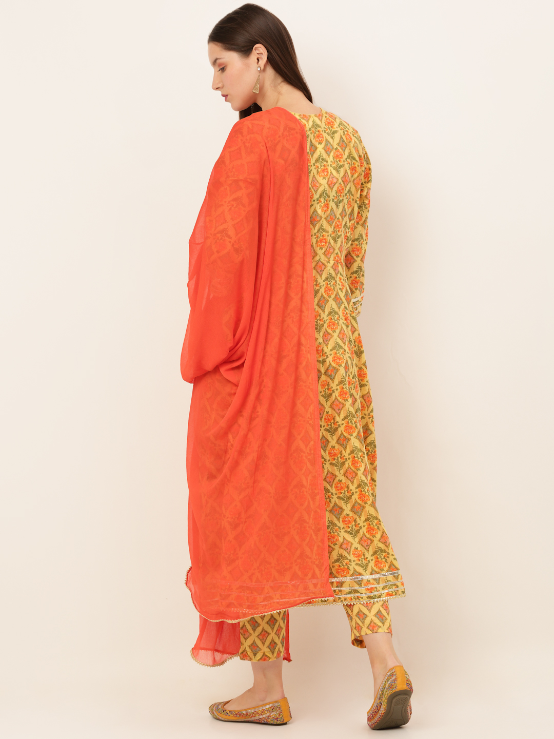 Women Yellow Floral Printed Pure Cotton Anarkali Kurta with Trousers & With Dupatta