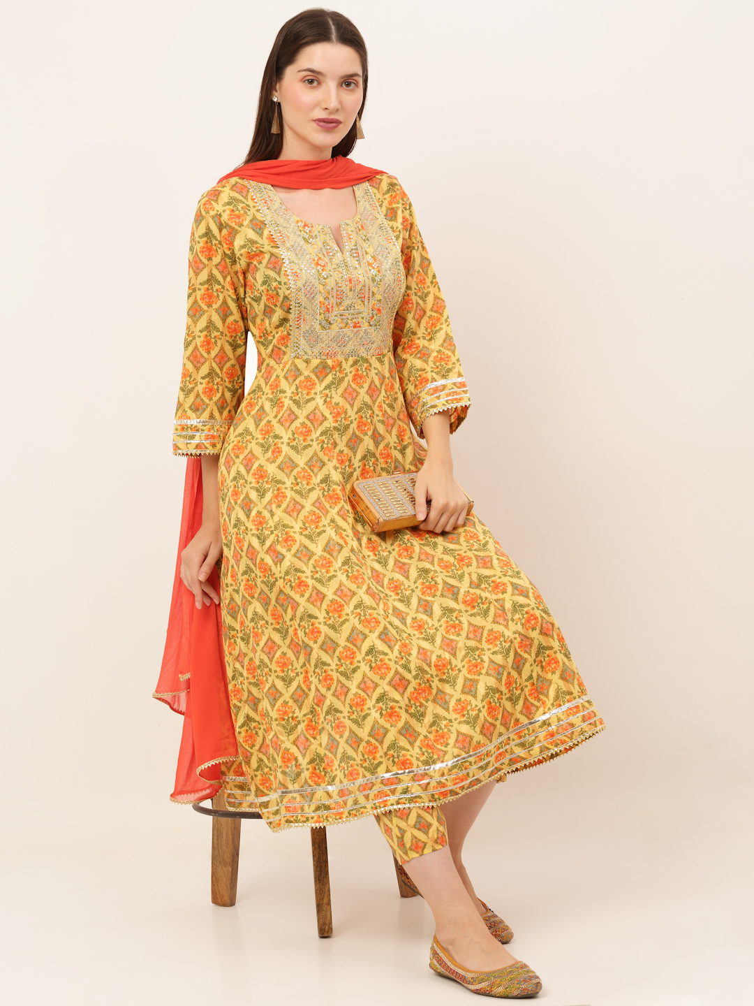 Women Yellow Floral Printed Pure Cotton Anarkali Kurta with Trousers & With Dupatta
