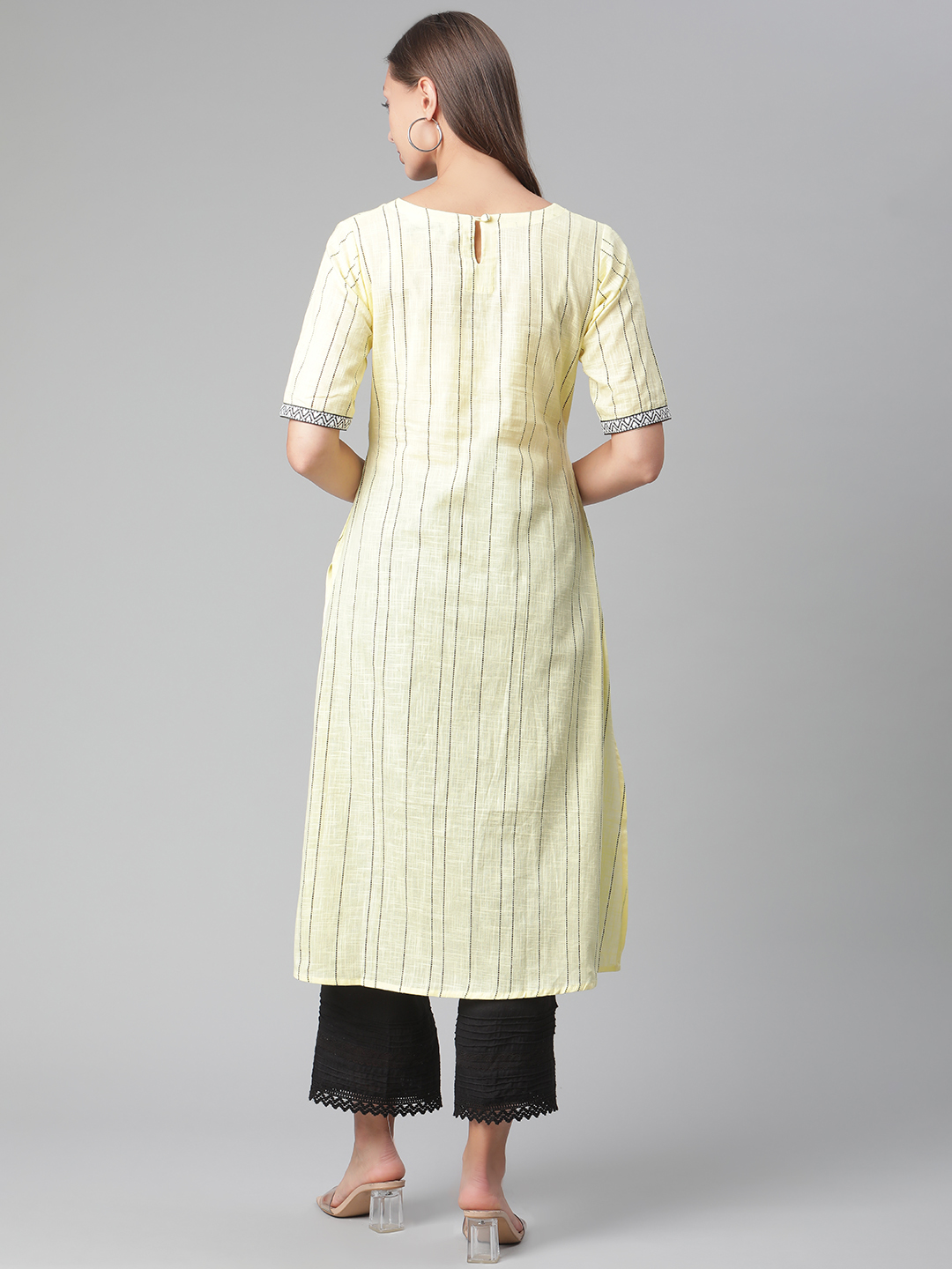 Yellow Striped Thread Work Handloom Cotton Kurta