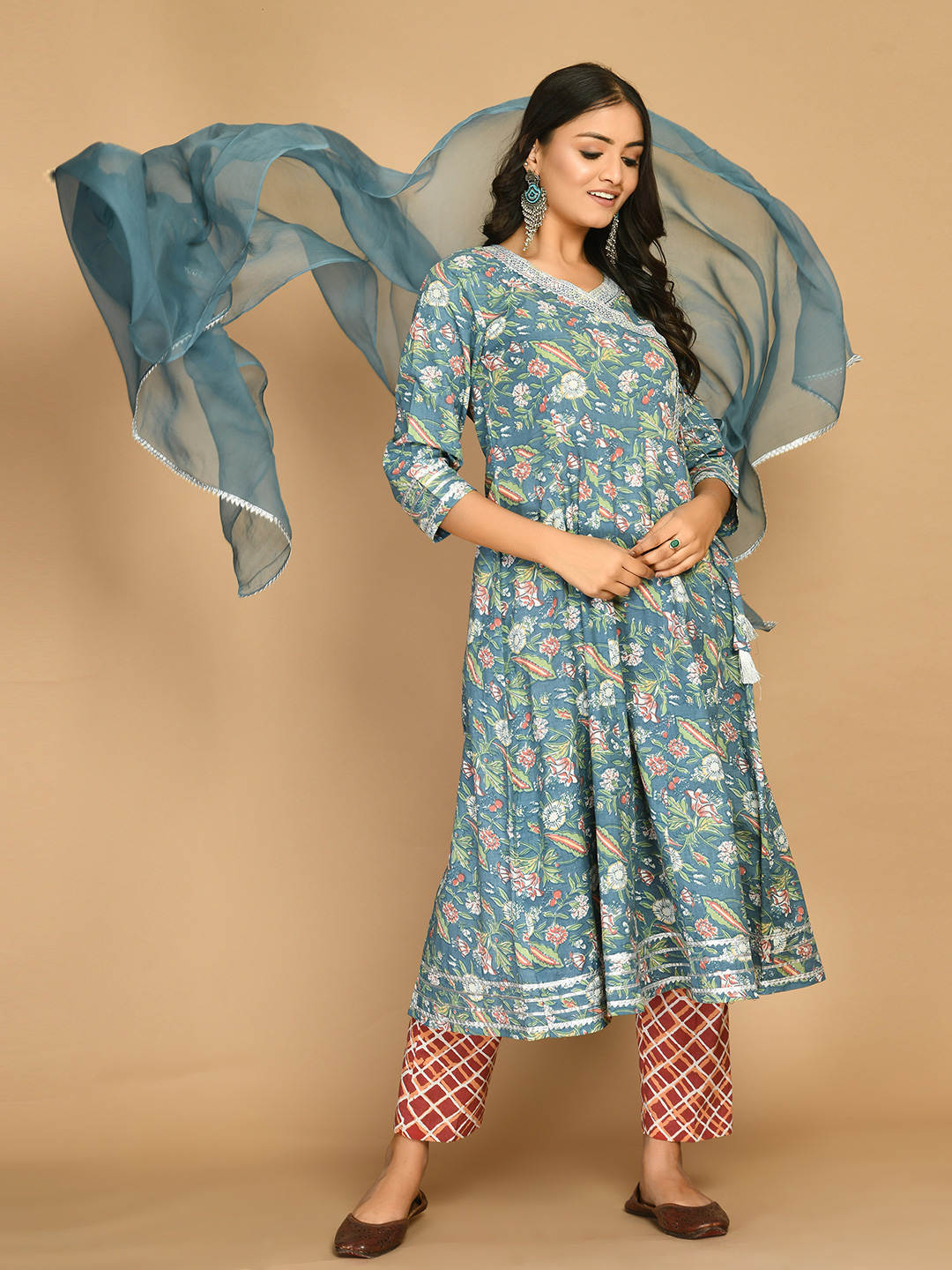 Grey and Rust Embroidered Angrakha Floral Set