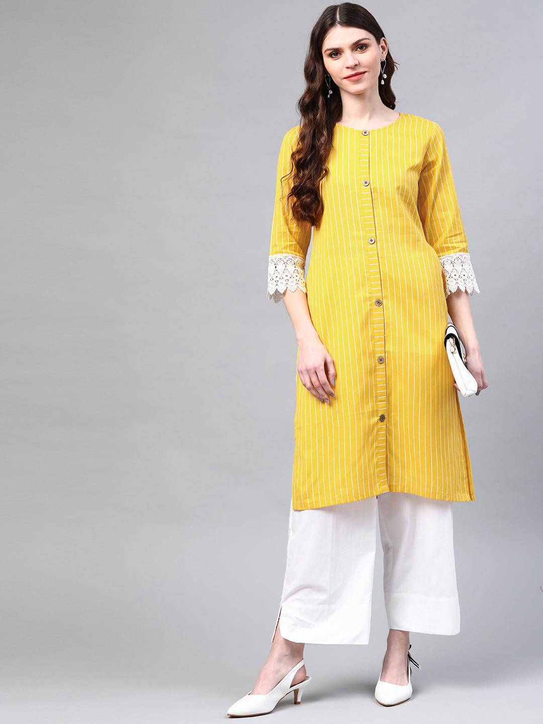 Women Mustard Yellow & White Cotton Striped Sustainable Kurta with Palazzos